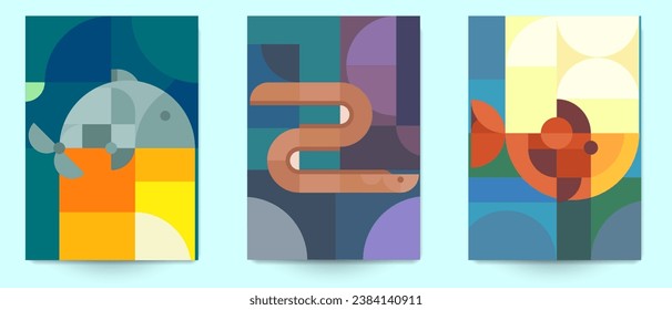 Set abstract geometric background composition with fish. Modern fashion vector illustration. Creative minimal seafood concept art. Bright design kitchen cover, card, poster in bauhaus trendy style.