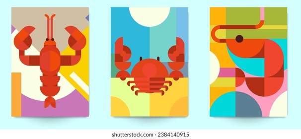 Set abstract geometric background composition with crab, lobster, shrimp. Modern fashion vector illustration. Creative minimal seafood concept art. Bright design kitchen element in bauhaus style.