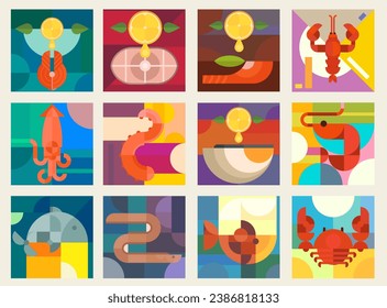 Set abstract geometric background composition seafood. Modern fashion vector illustration. Creative minimal concept art. Collection bright design kitchen element in bauhaus style.