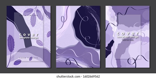 Set. Abstract geometric background from overlapping round uneven shapes, leaves, brush strokes, twisted lines. Modern template for your design banner, flyer, cover. Vector illustration.