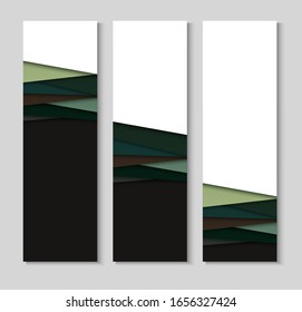 Conjunto de fondo geométrico abstracto en estilo de corte de papel. Líneas rectas. Banners verticales. Diseño para folletos, carteles, volantes, publicidad. Colocar texto. Vector.