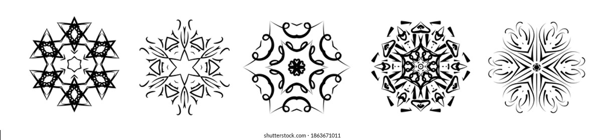 Set Abstract Geometric Background Texture, Geometric Shape Pattern Mandala on White Background. Decorative Element For Design. Seamless Repeat Pattern. Christmas Snowflakes. Happy New Year. Vector