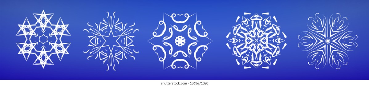Set Abstract Geometric Background Texture, Geometric Shape Pattern Mandala on blue Background. Decorative Element For Design. Seamless Repeat Pattern. Christmas Snowflakes. Happy New Year. Vector
