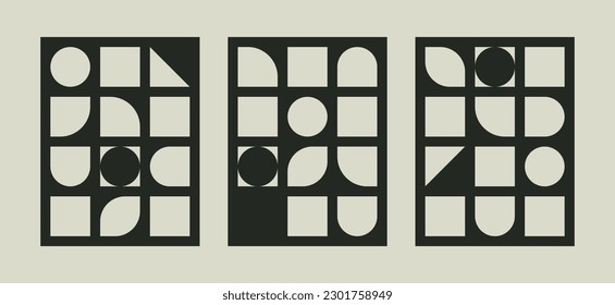 Conjunto de fondos geométricos abstractos al estilo Bauhaus. Ilustración vectorial. Diseño de la decoración con elementos: cuadrícula, círculos, cuadrados, triángulos.