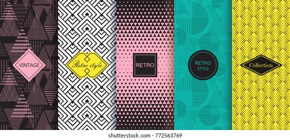 Set of abstract geometric backgrounds in bright retro colours with seamless textured patterns. Vector illustration