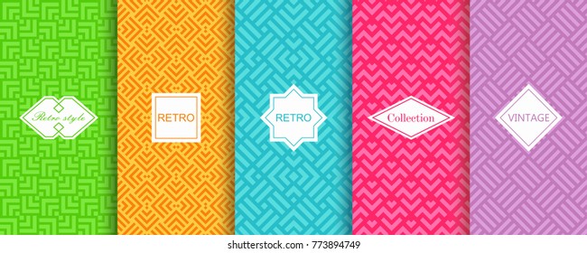 Set of abstract geometric backgrounds in bright retro colours with seamless textured patterns. Vector illustration. Template greeting card, invitation and advertising banner, brochure