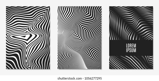 Set of Abstract Geometric Backgrounds. Cover Design Templates Set with 3d Effect. Monochrome Abstract Backgrounds with Distortion of Geometric Shapes. Trendy Covers with Text and Gradient for Magazine