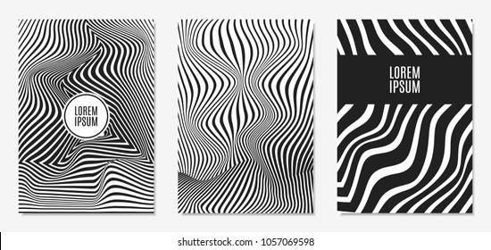 Set of Abstract Geometric Backgrounds. Cover Design Templates Set with 3d Effect. Monochrome Abstract Backgrounds with Distortion of Geometric Shapes. Trendy Covers with Text and Gradient for Magazine