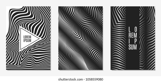 Set of Abstract Geometric Backgrounds. Cover Design Templates Set with 3d Effect. Monochrome Abstract Backgrounds with Distortion of Geometric Shapes. Trendy Covers with Text and Gradient for Magazine