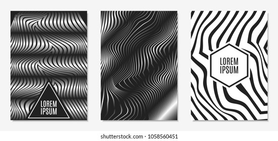 Set of Abstract Geometric Backgrounds. Cover Design Templates Set with 3d Effect. Monochrome Abstract Backgrounds with Distortion of Geometric Shapes. Trendy Covers with Text and Gradient for Magazine