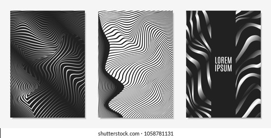Set of Abstract Geometric Backgrounds. Cover Design Templates Set with 3d Effect. Monochrome Abstract Backgrounds with Distortion of Geometric Shapes. Trendy Covers with Text and Gradient for Magazine