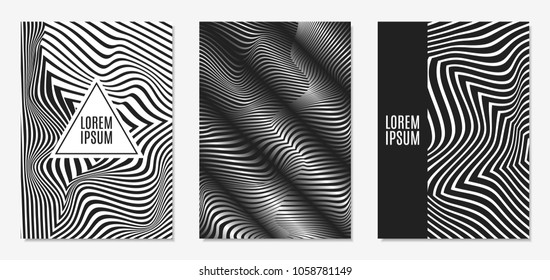 Set of Abstract Geometric Backgrounds. Cover Design Templates Set with 3d Effect. Monochrome Abstract Backgrounds with Distortion of Geometric Shapes. Trendy Covers with Text and Gradient for Magazine