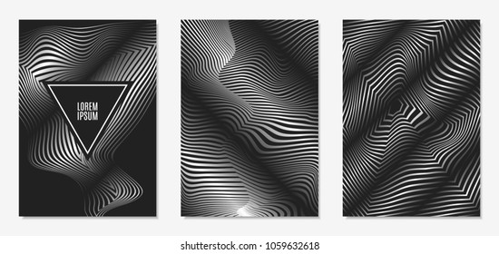 Set of Abstract Geometric Backgrounds. Cover Design Templates Set with 3d Effect. Monochrome Abstract Backgrounds with Distortion of Geometric Shapes. Trendy Covers with Text and Gradient for Magazine