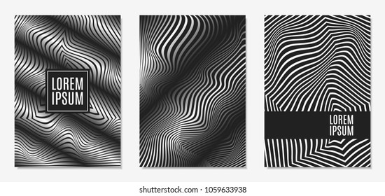 Set of Abstract Geometric Backgrounds. Cover Design Templates Set with 3d Effect. Monochrome Abstract Backgrounds with Distortion of Geometric Shapes. Trendy Covers with Text and Gradient for Magazine