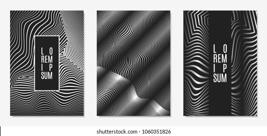 Set of Abstract Geometric Backgrounds. Cover Design Templates Set with 3d Effect. Monochrome Abstract Backgrounds with Distortion of Geometric Shapes. Trendy Covers with Text and Gradient for Magazine