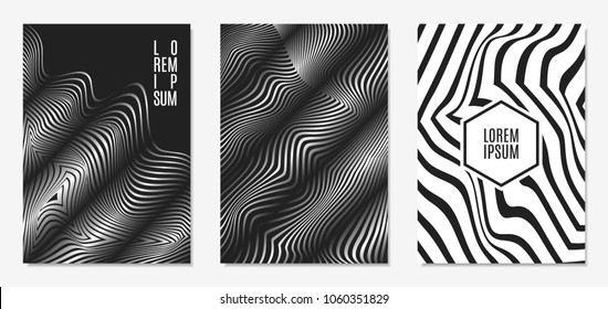 Set of Abstract Geometric Backgrounds. Cover Design Templates Set with 3d Effect. Monochrome Abstract Backgrounds with Distortion of Geometric Shapes. Trendy Covers with Text and Gradient for Magazine