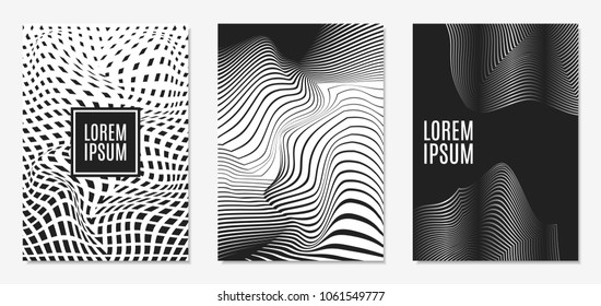 Set of Abstract Geometric Backgrounds. Cover Design Templates Set with 3d Effect. Monochrome Abstract Backgrounds with Distortion of Geometric Shapes. Trendy Covers with Text and Gradient for Magazine