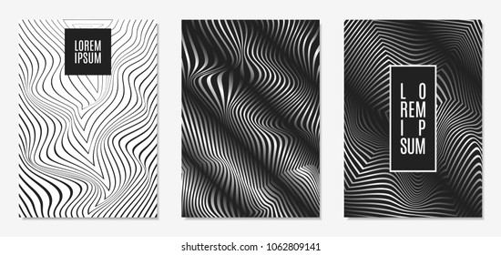 Set of Abstract Geometric Backgrounds. Cover Design Templates Set with 3d Effect. Monochrome Abstract Backgrounds with Distortion of Geometric Shapes. Trendy Covers with Text and Gradient for Magazine