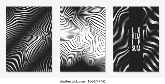 Set of Abstract Geometric Backgrounds. Cover Design Templates Set with 3d Effect. Monochrome Abstract Backgrounds with Distortion of Geometric Shapes. Trendy Covers with Text and Gradient for Magazine