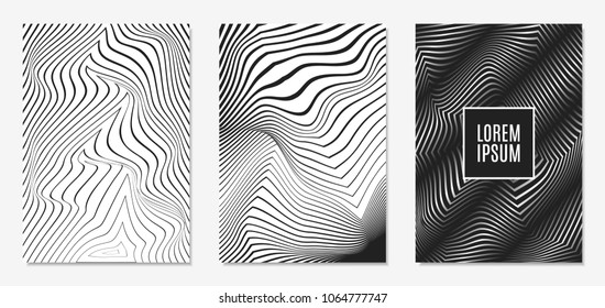 Set of Abstract Geometric Backgrounds. Cover Design Templates Set with 3d Effect. Monochrome Abstract Backgrounds with Distortion of Geometric Shapes. Trendy Covers with Text and Gradient for Magazine