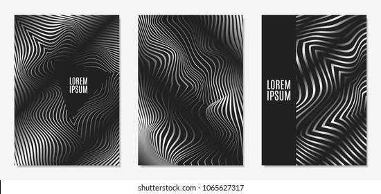 Set of Abstract Geometric Backgrounds. Cover Design Templates Set with 3d Effect. Monochrome Abstract Backgrounds with Distortion of Geometric Shapes. Trendy Covers with Text and Gradient for Magazine