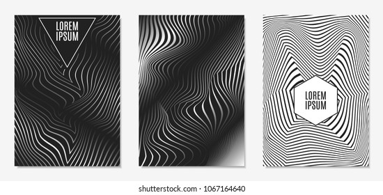 Set of Abstract Geometric Backgrounds. Cover Design Templates Set with 3d Effect. Monochrome Abstract Backgrounds with Distortion of Geometric Shapes. Trendy Covers with Text and Gradient for Magazine