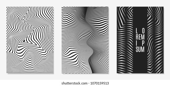 Set of Abstract Geometric Backgrounds. Cover Design Templates Set with 3d Effect. Monochrome Abstract Backgrounds with Distortion of Geometric Shapes. Trendy Covers with Text and Gradient for Magazine