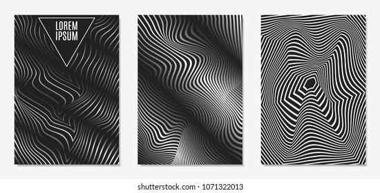 Set of Abstract Geometric Backgrounds. Cover Design Templates Set with 3d Effect. Monochrome Abstract Backgrounds with Distortion of Geometric Shapes. Trendy Covers with Text and Gradient for Magazine