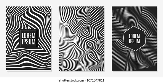 Set of Abstract Geometric Backgrounds. Cover Design Templates Set with 3d Effect. Monochrome Abstract Backgrounds with Distortion of Geometric Shapes. Trendy Covers with Text and Gradient for Magazine