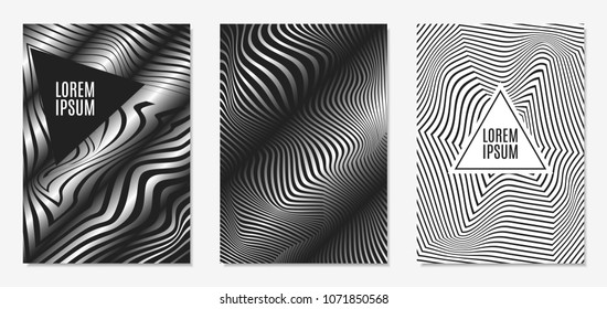 Set of Abstract Geometric Backgrounds. Cover Design Templates Set with 3d Effect. Monochrome Abstract Backgrounds with Distortion of Geometric Shapes. Trendy Covers with Text and Gradient for Magazine