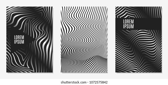 Set of Abstract Geometric Backgrounds. Cover Design Templates Set with 3d Effect. Monochrome Abstract Backgrounds with Distortion of Geometric Shapes. Trendy Covers with Text and Gradient for Magazine