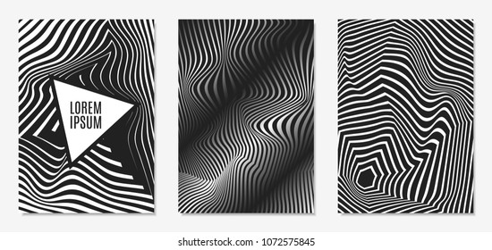 Set of Abstract Geometric Backgrounds. Cover Design Templates Set with 3d Effect. Monochrome Abstract Backgrounds with Distortion of Geometric Shapes. Trendy Covers with Text and Gradient for Magazine