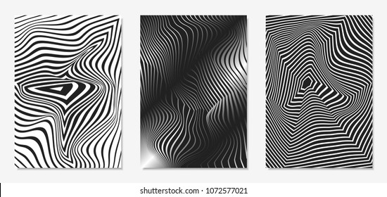 Set of Abstract Geometric Backgrounds. Cover Design Templates Set with 3d Effect. Monochrome Abstract Backgrounds with Distortion of Geometric Shapes. Trendy Covers with Text and Gradient for Magazine