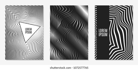 Set of Abstract Geometric Backgrounds. Cover Design Templates Set with 3d Effect. Monochrome Abstract Backgrounds with Distortion of Geometric Shapes. Trendy Covers with Text and Gradient for Magazine