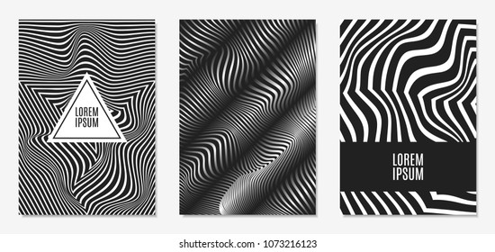 Set of Abstract Geometric Backgrounds. Cover Design Templates Set with 3d Effect. Monochrome Abstract Backgrounds with Distortion of Geometric Shapes. Trendy Covers with Text and Gradient for Magazine
