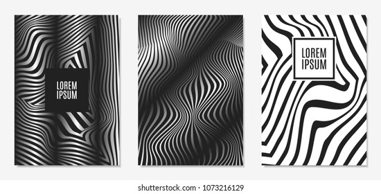 Set of Abstract Geometric Backgrounds. Cover Design Templates Set with 3d Effect. Monochrome Abstract Backgrounds with Distortion of Geometric Shapes. Trendy Covers with Text and Gradient for Magazine