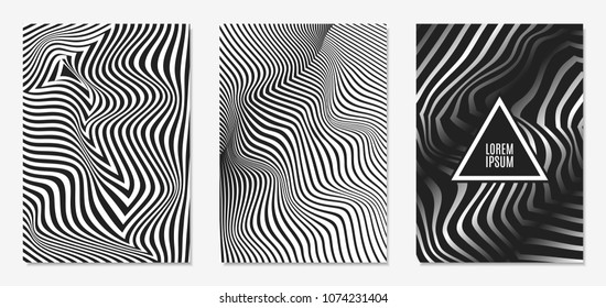 Set of Abstract Geometric Backgrounds. Cover Design Templates Set with 3d Effect. Monochrome Abstract Backgrounds with Distortion of Geometric Shapes. Trendy Covers with Text and Gradient for Magazine