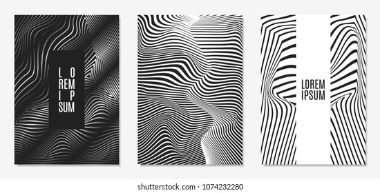 Set of Abstract Geometric Backgrounds. Cover Design Templates Set with 3d Effect. Monochrome Abstract Backgrounds with Distortion of Geometric Shapes. Trendy Covers with Text and Gradient for Magazine