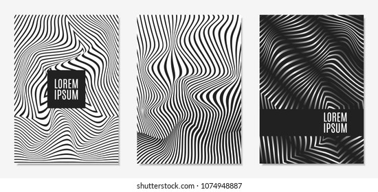 Set of Abstract Geometric Backgrounds. Cover Design Templates Set with 3d Effect. Monochrome Abstract Backgrounds with Distortion of Geometric Shapes. Trendy Covers with Text and Gradient for Magazine