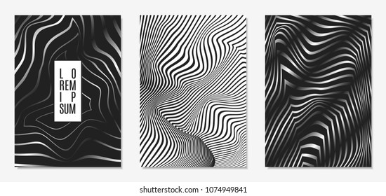Set of Abstract Geometric Backgrounds. Cover Design Templates Set with 3d Effect. Monochrome Abstract Backgrounds with Distortion of Geometric Shapes. Trendy Covers with Text and Gradient for Magazine