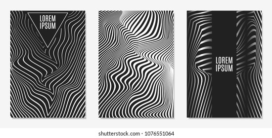 Set of Abstract Geometric Backgrounds. Cover Design Templates Set with 3d Effect. Monochrome Abstract Backgrounds with Distortion of Geometric Shapes. Trendy Covers with Text and Gradient for Magazine