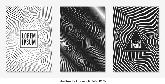 Set of Abstract Geometric Backgrounds. Cover Design Templates Set with 3d Effect. Monochrome Abstract Backgrounds with Distortion of Geometric Shapes. Trendy Covers with Text and Gradient for Magazine