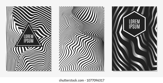Set of Abstract Geometric Backgrounds. Cover Design Templates Set with 3d Effect. Monochrome Abstract Backgrounds with Distortion of Geometric Shapes. Trendy Covers with Text and Gradient for Magazine