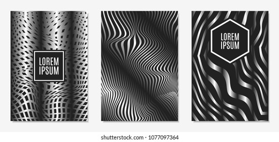 Set of Abstract Geometric Backgrounds. Cover Design Templates Set with 3d Effect. Monochrome Abstract Backgrounds with Distortion of Geometric Shapes. Trendy Covers with Text and Gradient for Magazine