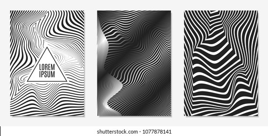 Set of Abstract Geometric Backgrounds. Cover Design Templates Set with 3d Effect. Monochrome Abstract Backgrounds with Distortion of Geometric Shapes. Trendy Covers with Text and Gradient for Magazine