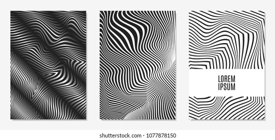 Set of Abstract Geometric Backgrounds. Cover Design Templates Set with 3d Effect. Monochrome Abstract Backgrounds with Distortion of Geometric Shapes. Trendy Covers with Text and Gradient for Magazine