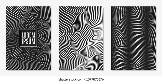 Set of Abstract Geometric Backgrounds. Cover Design Templates Set with 3d Effect. Monochrome Abstract Backgrounds with Distortion of Geometric Shapes. Trendy Covers with Text and Gradient for Magazine