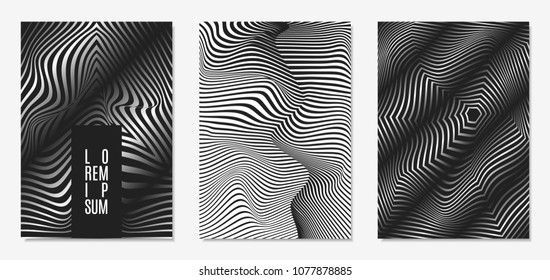 Set of Abstract Geometric Backgrounds. Cover Design Templates Set with 3d Effect. Monochrome Abstract Backgrounds with Distortion of Geometric Shapes. Trendy Covers with Text and Gradient for Magazine