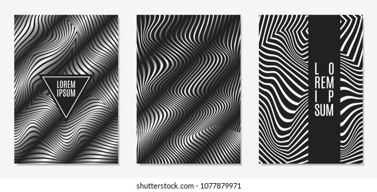 Set of Abstract Geometric Backgrounds. Cover Design Templates Set with 3d Effect. Monochrome Abstract Backgrounds with Distortion of Geometric Shapes. Trendy Covers with Text and Gradient for Magazine