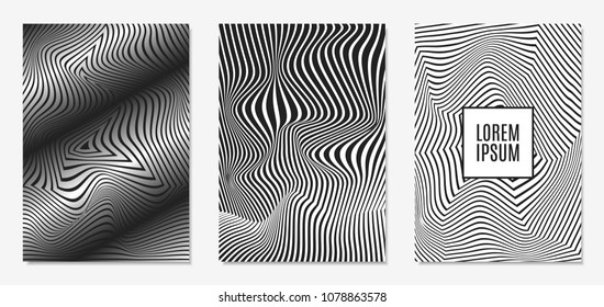 Set of Abstract Geometric Backgrounds. Cover Design Templates Set with 3d Effect. Monochrome Abstract Backgrounds with Distortion of Geometric Shapes. Trendy Covers with Text and Gradient for Magazine